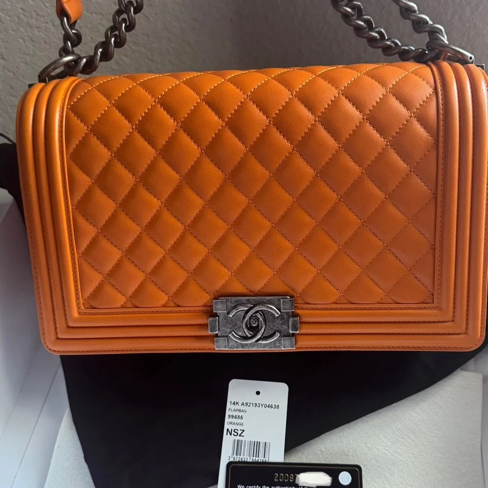 CHANEL Orange Quilted Leather Boy Crossbody Shoulder Boy Bag (Brand New)